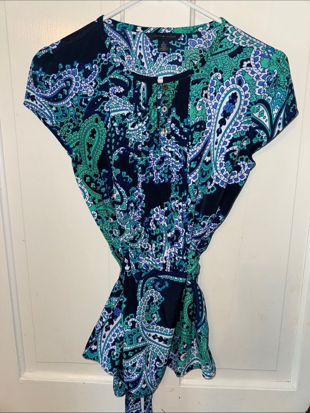 Paisley Print Tie-Waist Blouse in Navy & Teal